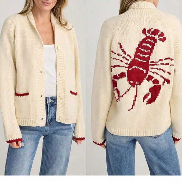 Red Cute Women's Long Sleeve Button Down V Neck Knit Cardigan Sweater - Picture 2 of 4